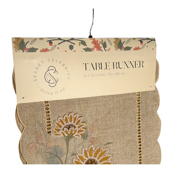 Secret Celebrity SUNFLOWER TABLE RUNNER 72” Embroidered Flower Natural Linen NWT - Picture 5 of 7